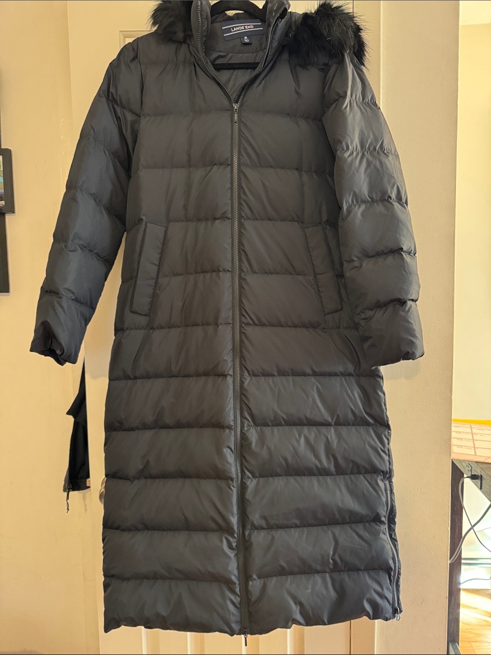 Lands' End Long Black Quilted Puffer Coat with Faux Fur Trim